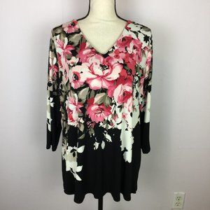 Charter Club Blouse Knit Top 0X Womans Plus Black Pink Floral 3/4 Sleeve V-Neck